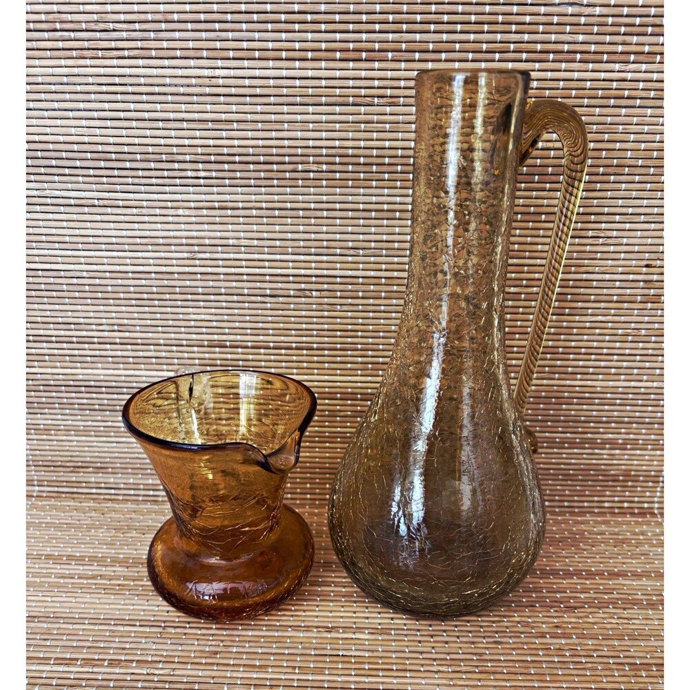 Amber Hand Blown Crackle Glass Pitcher w/ Handle & Creamer Set of 2